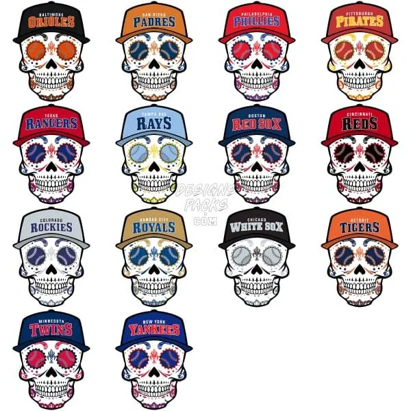 30 SUGAR SKULL Baseball Teams Designs Bundle PNG