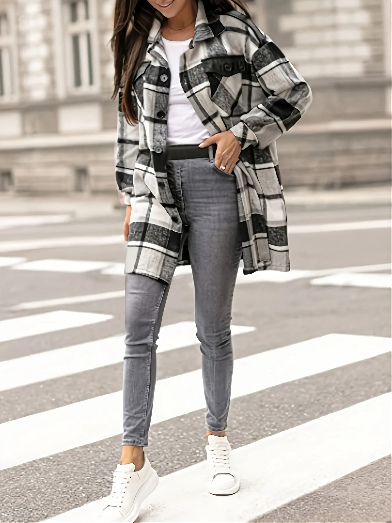 Black Plaid Shirt Long Sleeve Button Up Casual Plaid Jacket