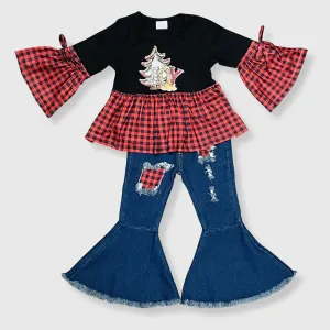 Buffalo Plaid 'Joy' Christmas Bell Bottom Outfit