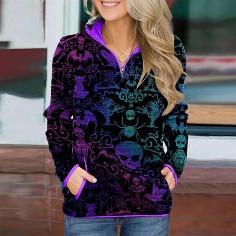 Casual Stand Collar Zip Long Sleeve Skull Print Cute Sweatshirts For Women