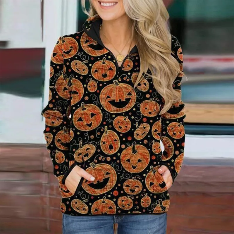 Casual Stand Collar Zip Long Sleeve Skull Print Cute Sweatshirts For Women