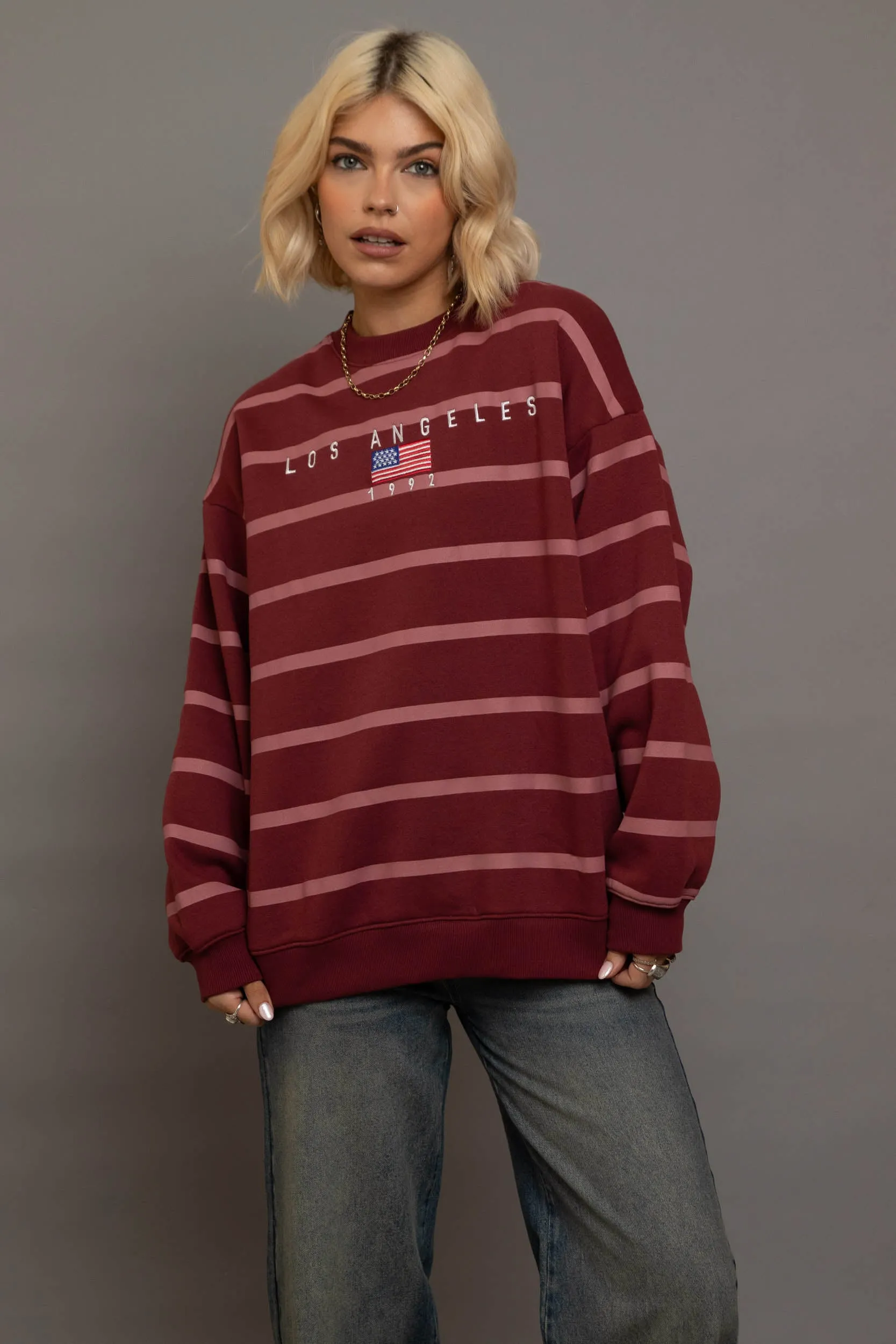 Daisy Street Multi Stripe LA Embroidery Sweatshirt