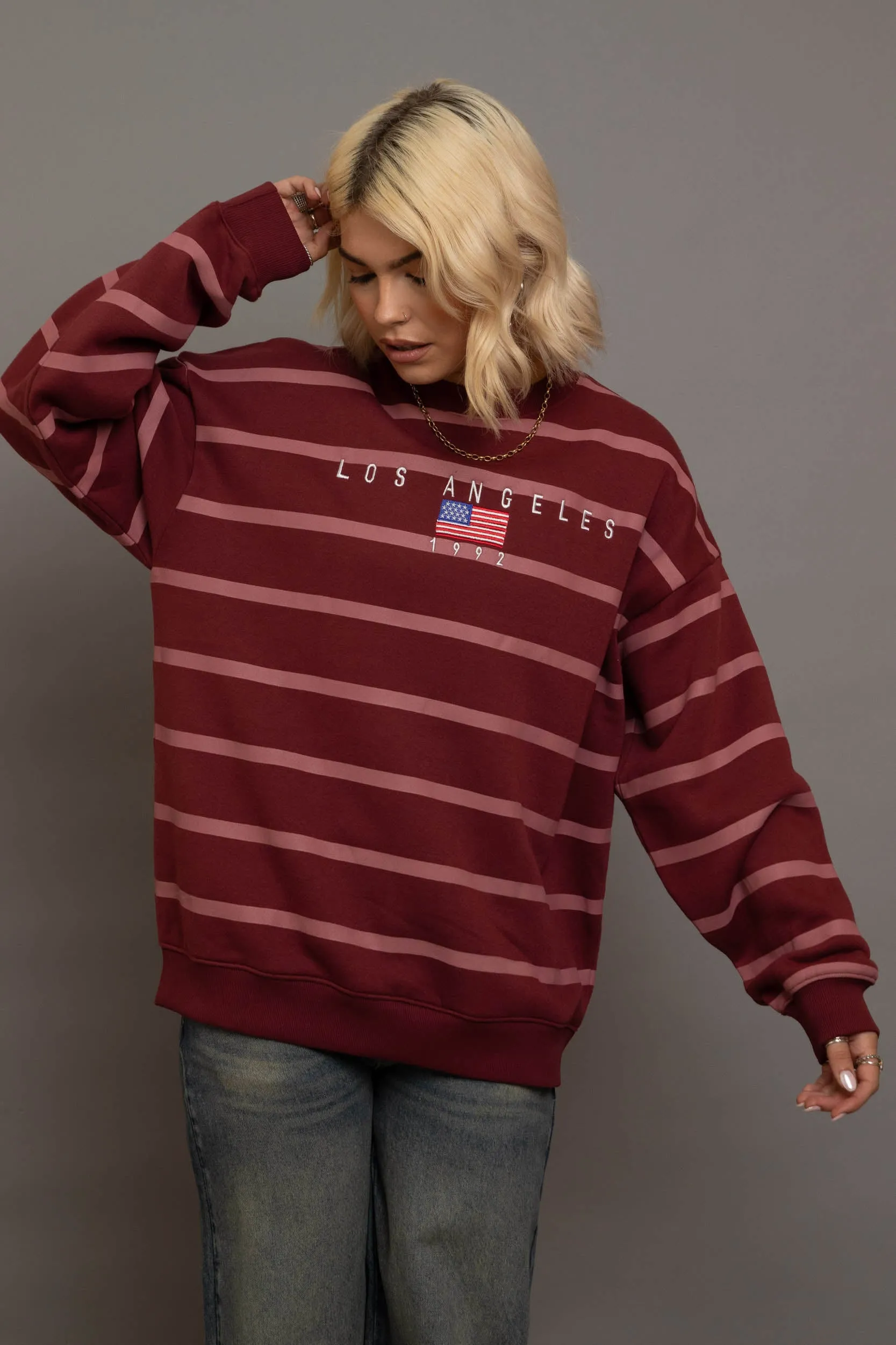 Daisy Street Multi Stripe LA Embroidery Sweatshirt