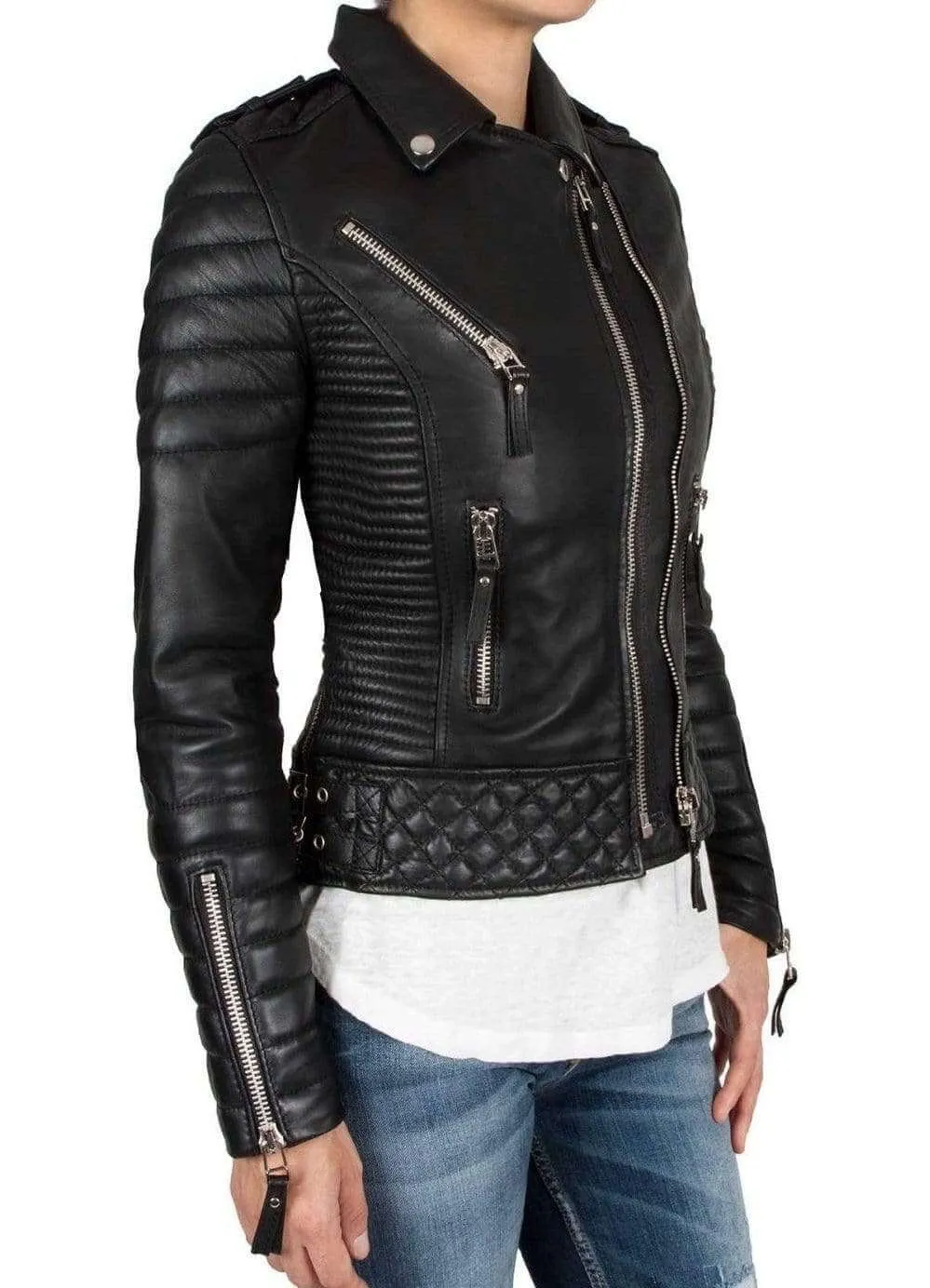 Handmade Leather Skin Women Black Padded Brando Leather Jacket