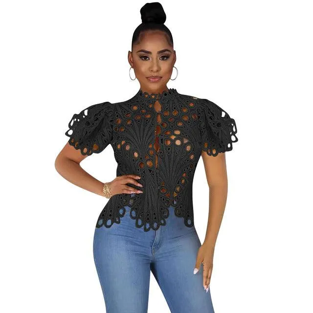 Hollowed out Sheer Mesh Blouse