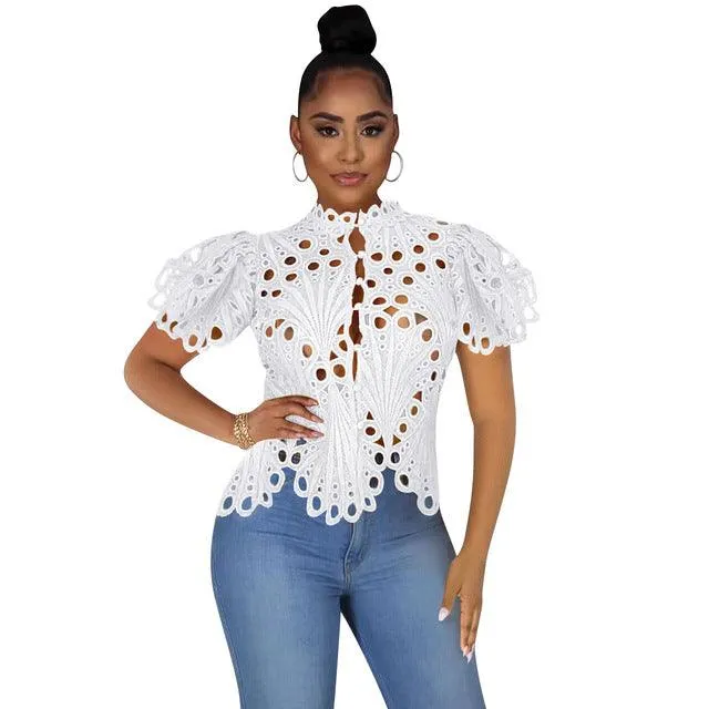 Hollowed out Sheer Mesh Blouse