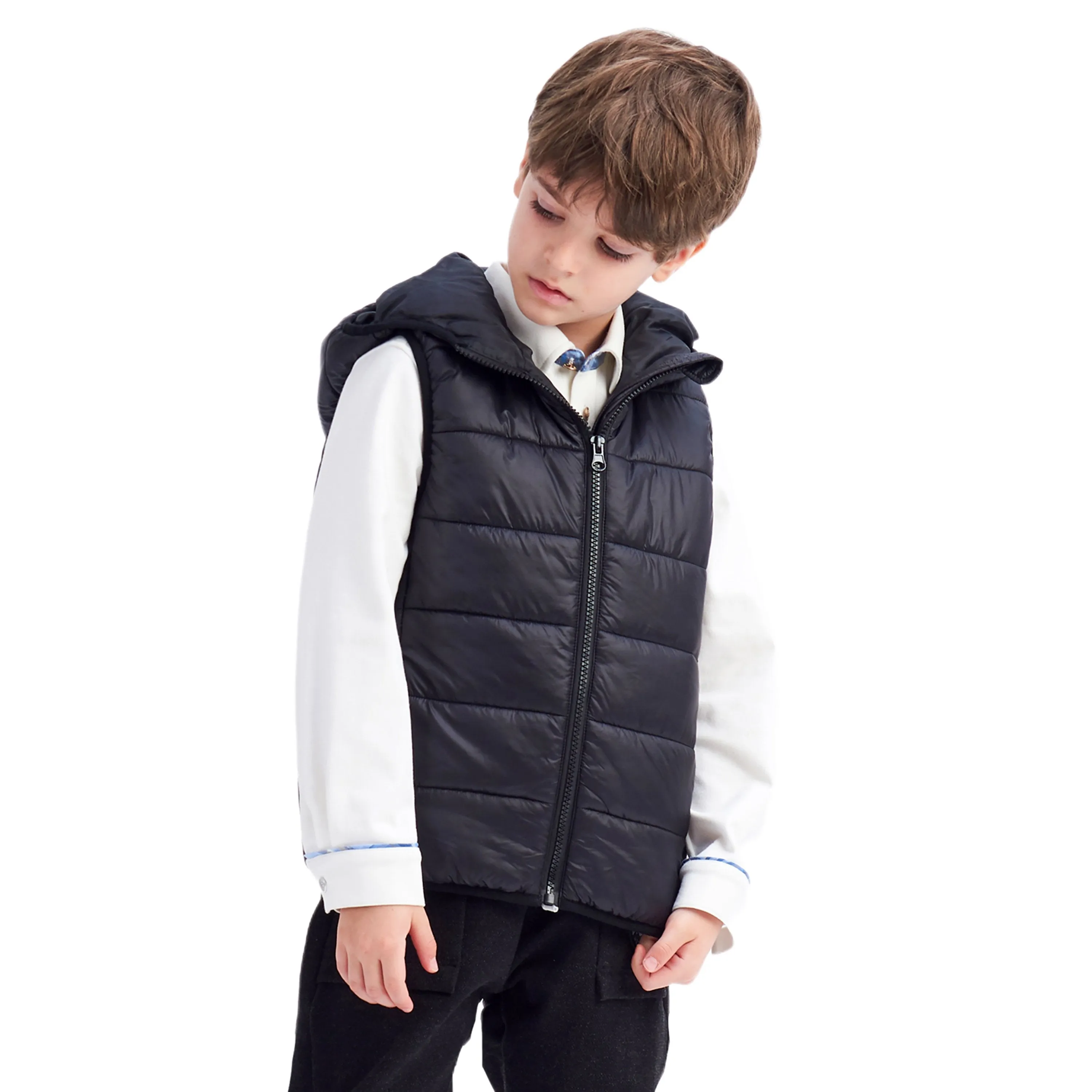 IKALI Boys Girls Lightweight Puffer Vest Kids Hooded Sleeveless Gilet Black