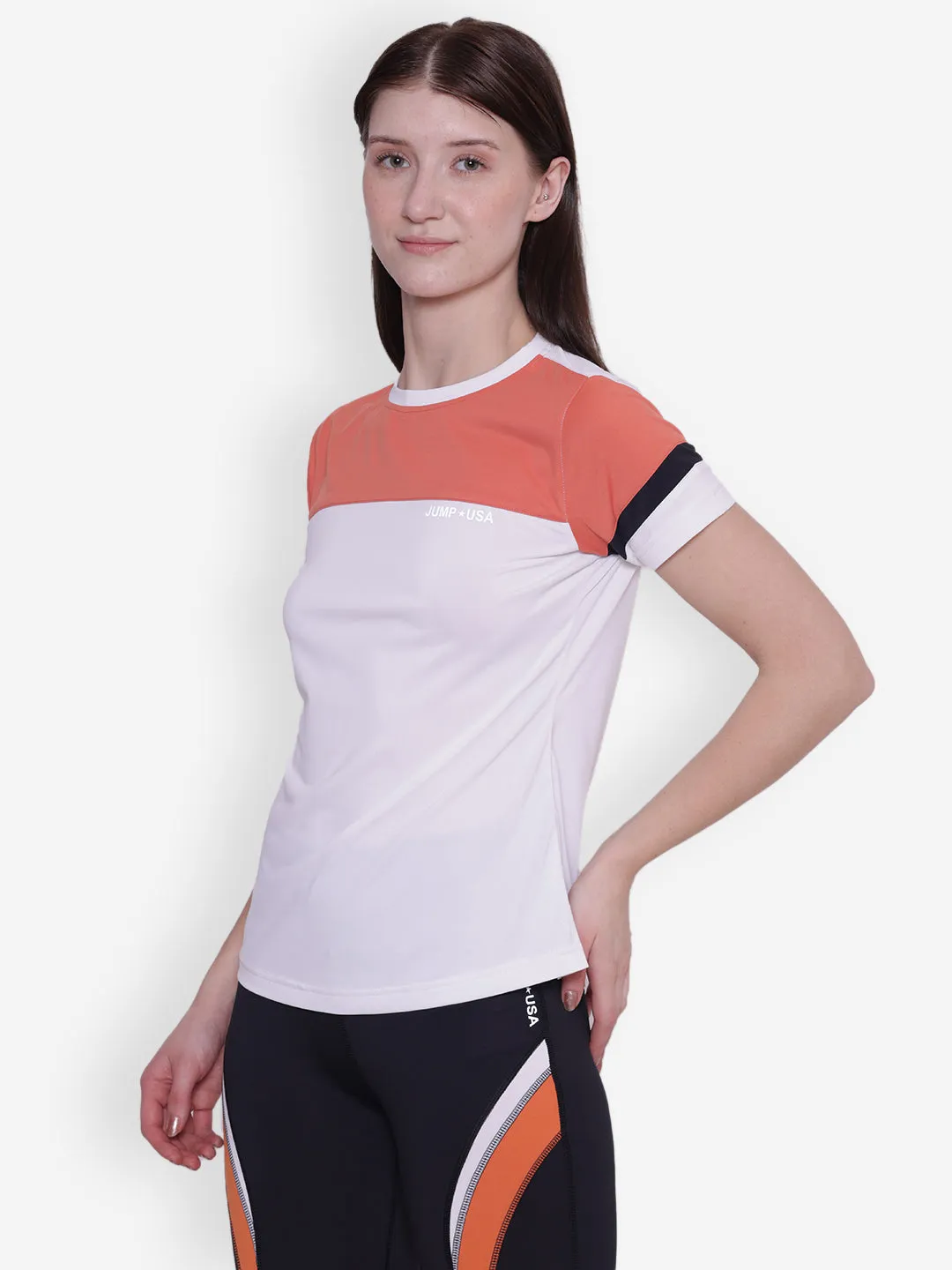 JUMP USA Women Short Sleeve White & Coral T-Shirt