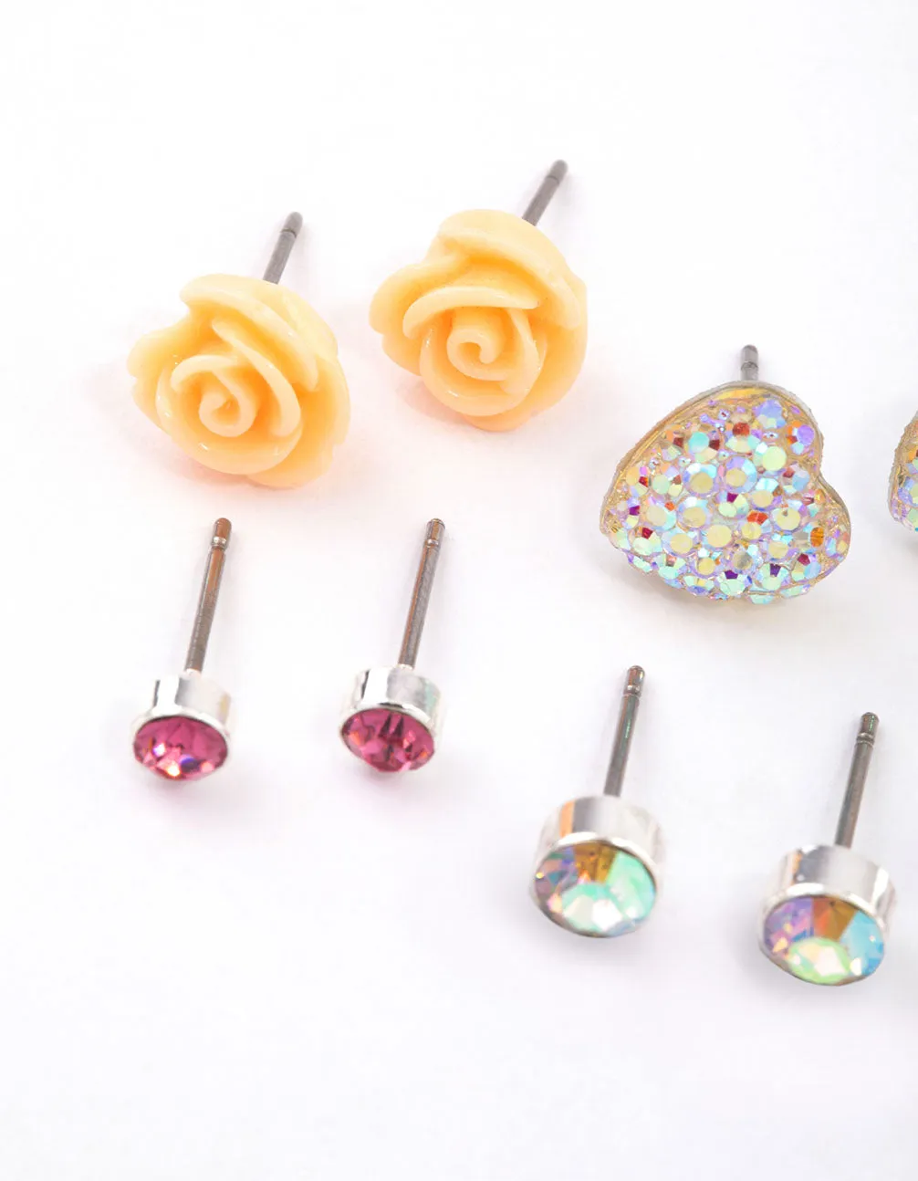 Kids Diamante Rose & Heart Stud Earrings 6-Pack