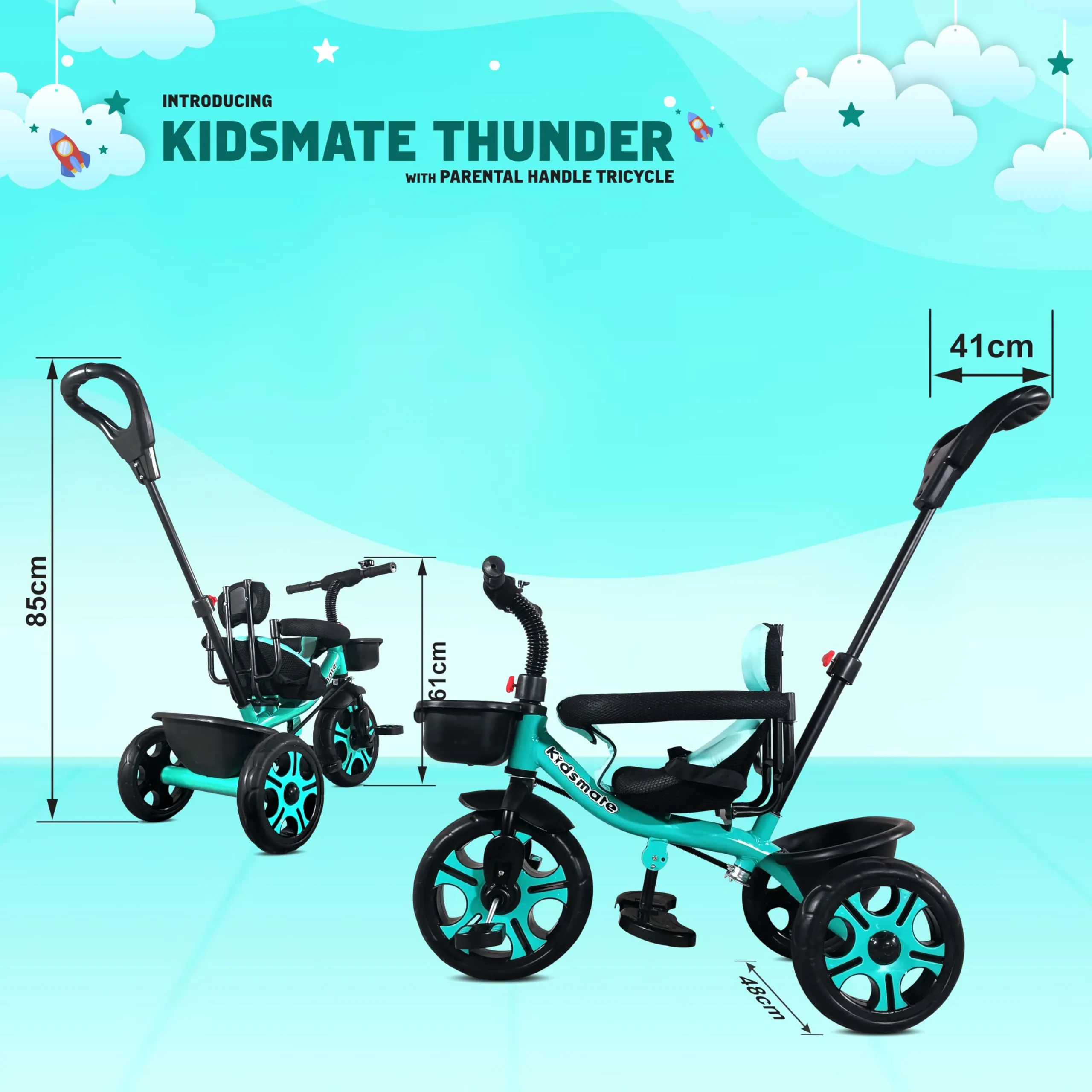 Kidsmate Thunder Plug N Play Kids/Baby Tricycle with Safety Guard Rail and Parental Control | Storage Basket | Fabric Cushion Seat & Bell for 12 Months to 48 Months Boys/Girls (Sea Green)