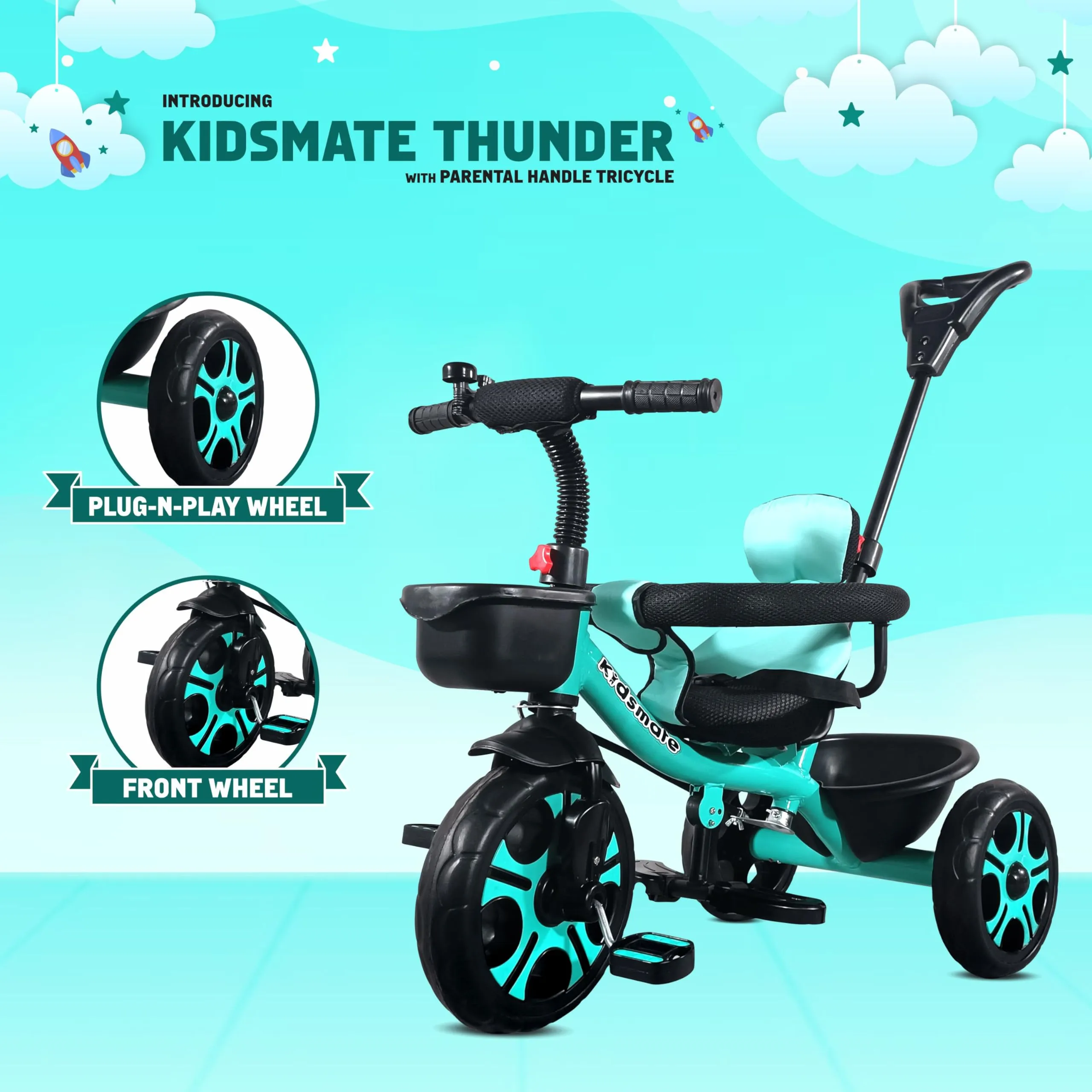 Kidsmate Thunder Plug N Play Kids/Baby Tricycle with Safety Guard Rail and Parental Control | Storage Basket | Fabric Cushion Seat & Bell for 12 Months to 48 Months Boys/Girls (Sea Green)