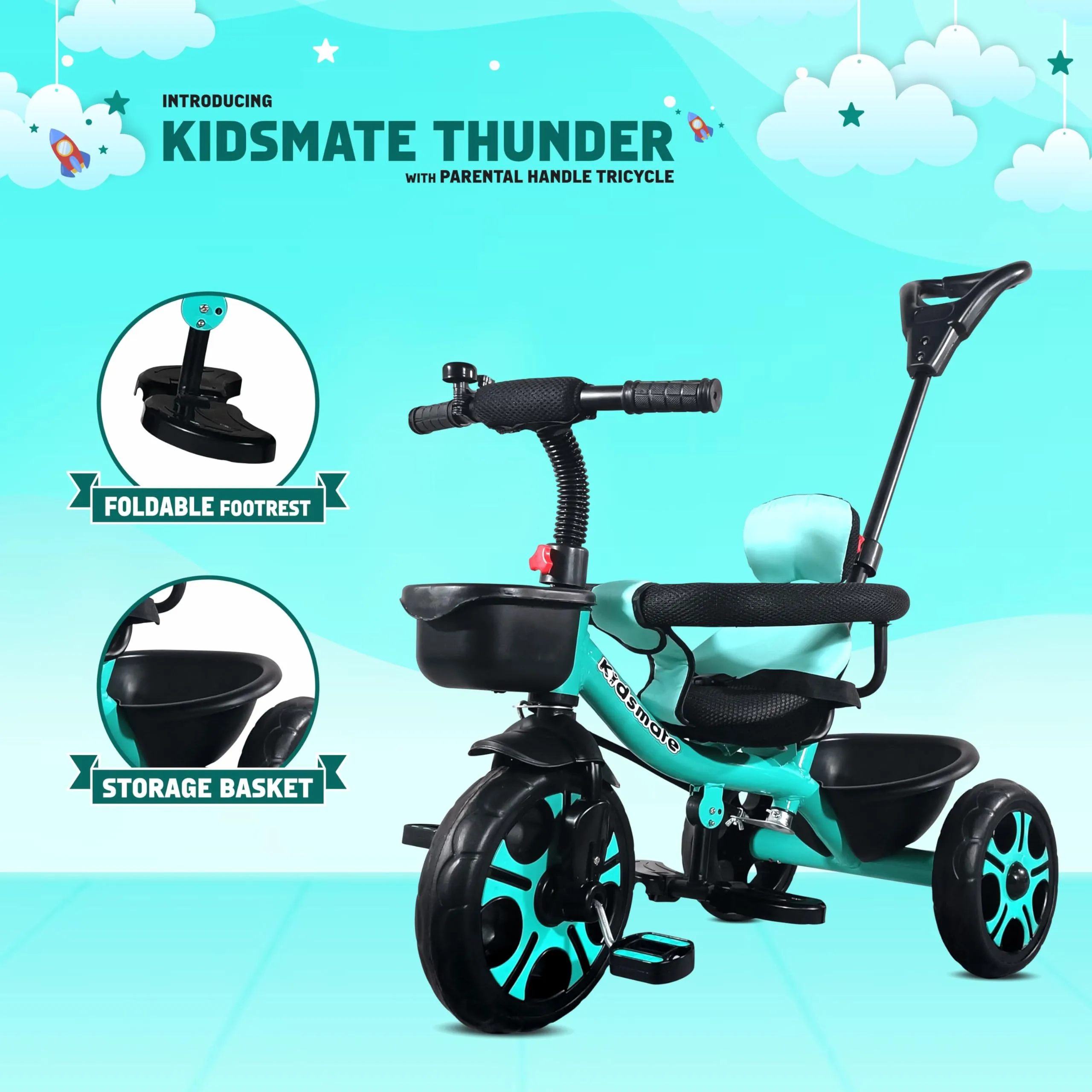 Kidsmate Thunder Plug N Play Kids/Baby Tricycle with Safety Guard Rail and Parental Control | Storage Basket | Fabric Cushion Seat & Bell for 12 Months to 48 Months Boys/Girls (Sea Green)