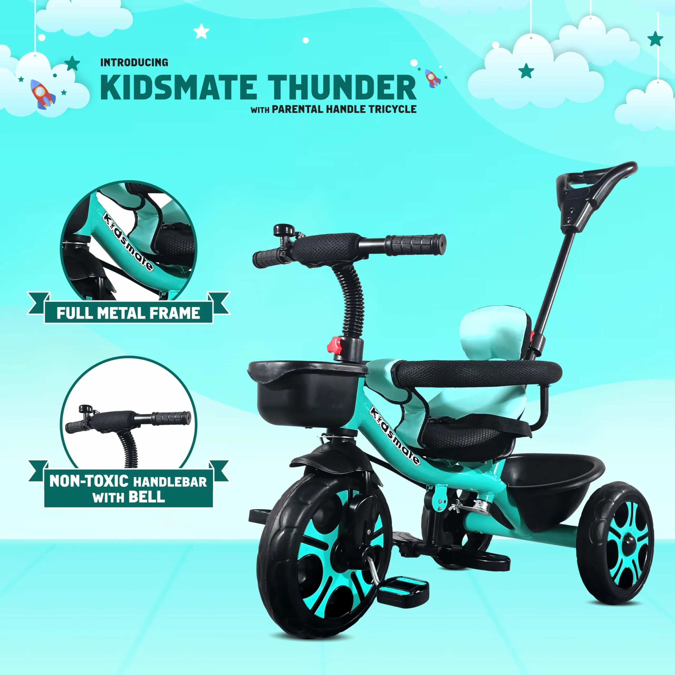 Kidsmate Thunder Plug N Play Kids/Baby Tricycle with Safety Guard Rail and Parental Control | Storage Basket | Fabric Cushion Seat & Bell for 12 Months to 48 Months Boys/Girls (Sea Green)