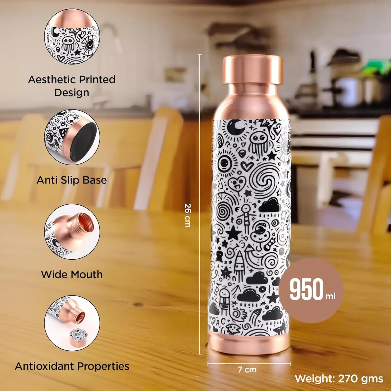 Kuber Industries Pack of 2 Copper Water Bottle - Eco-Friendly & Leakproof Tamaba Bottle for Office/Gym/Yoga/College, Men & Women | 950ml | Lining Design