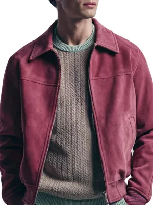 Men’s Classic Bomber Style Maroon Suede Leather Jacket