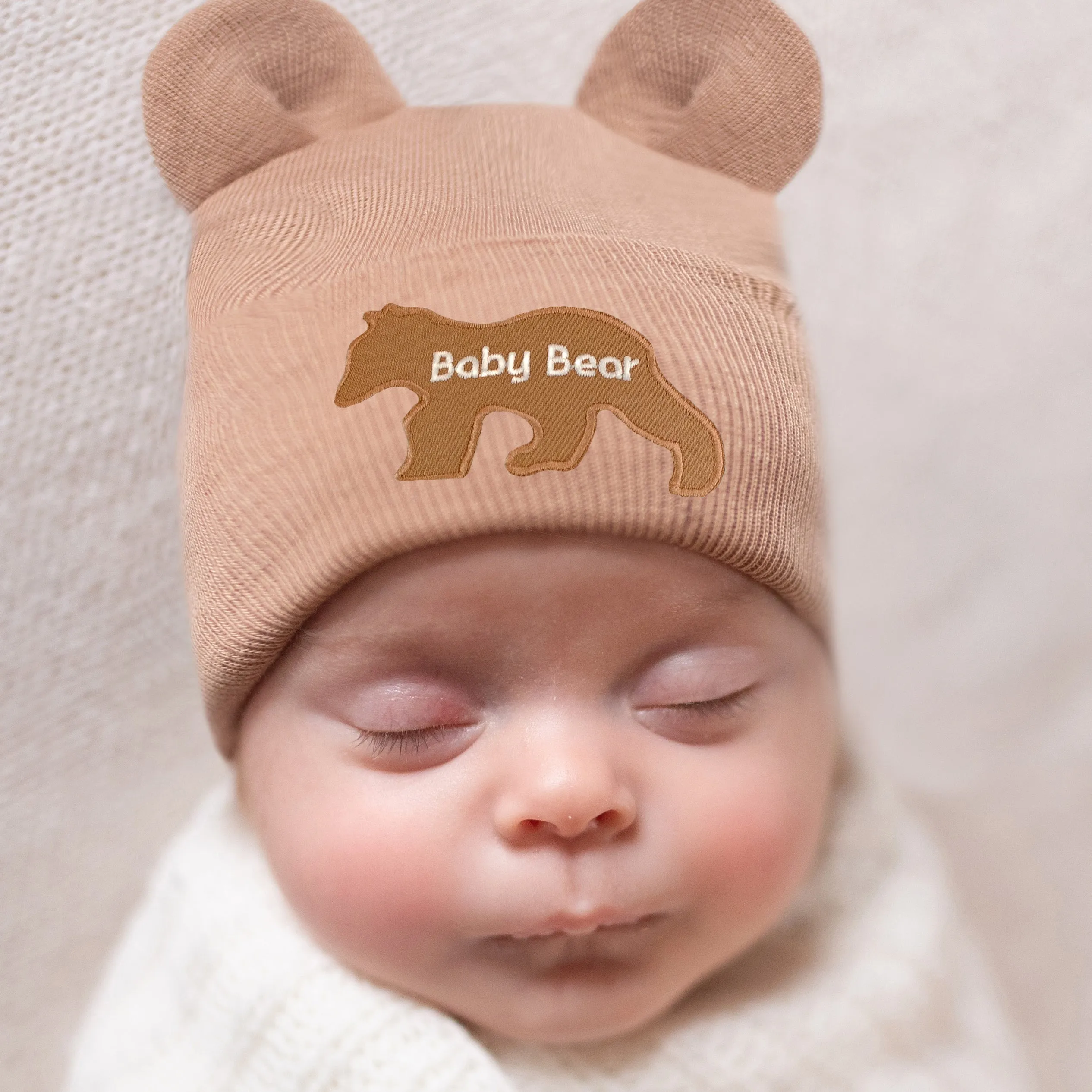 Newborn baby Boy or Girl Hospital Beanie Hat with Bear Ear, Blue, White or Tan Color, Baby Bear Patch, Gender Neutral