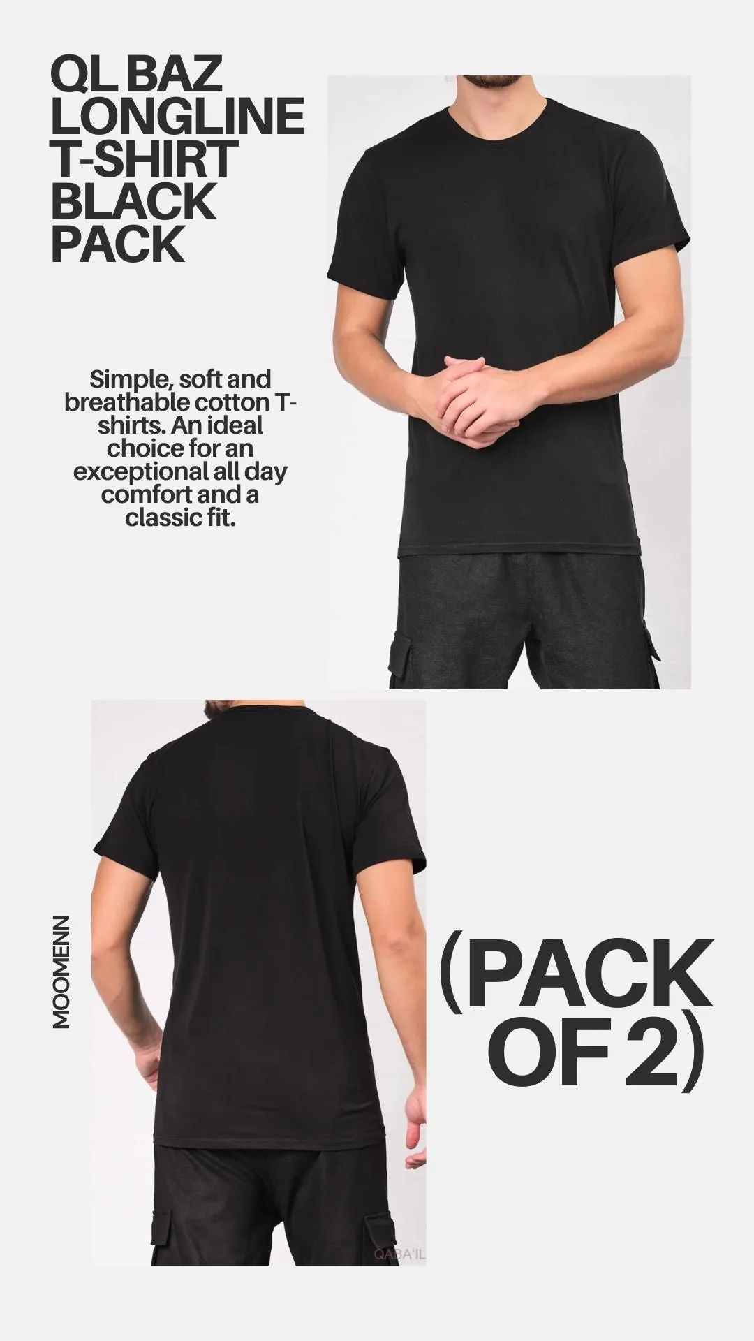 QL BAZ Longline T-Shirt Black (Pack of 2)