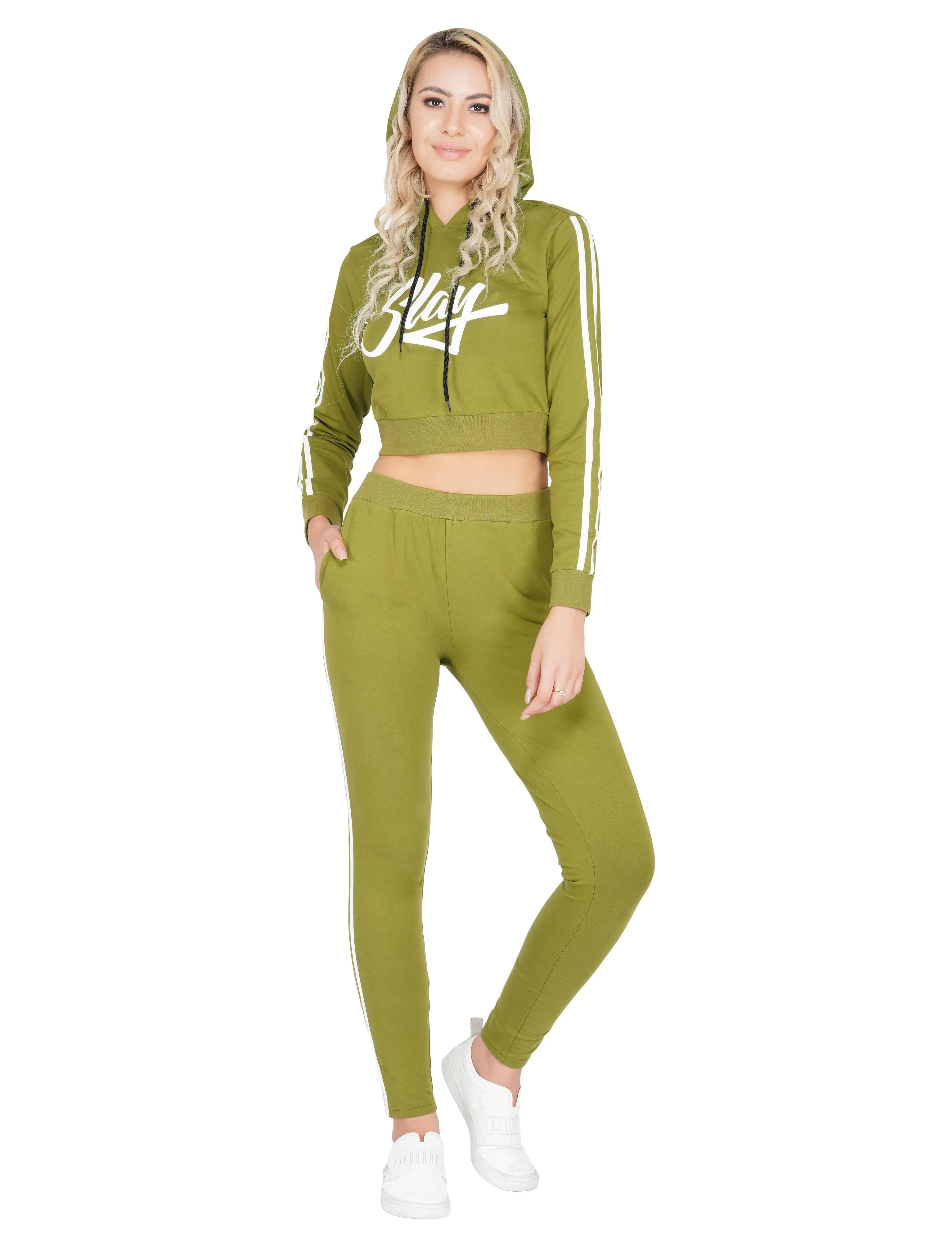 SLAY. Women's Olive Green Jogger Pants With White Stripes