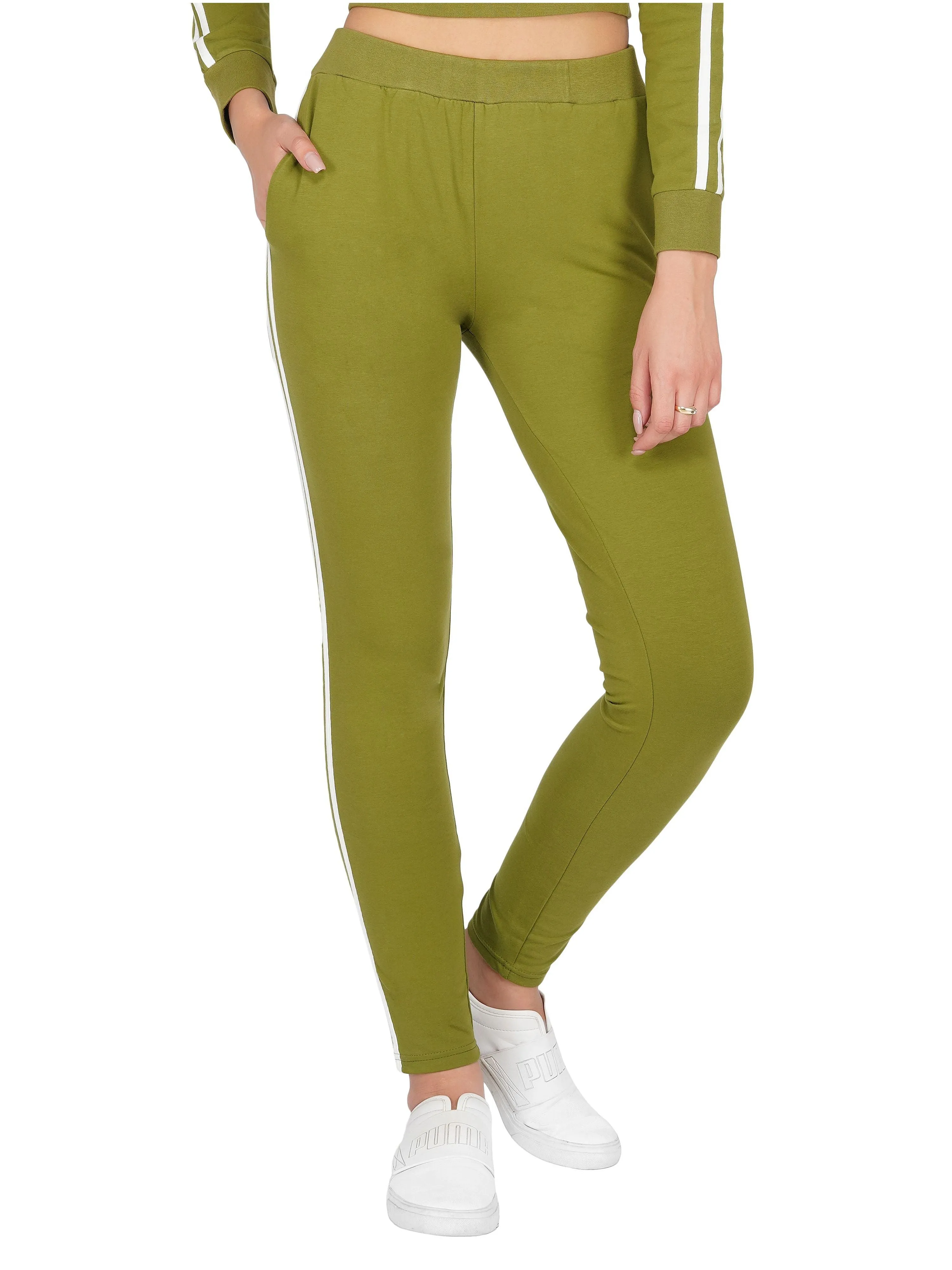 SLAY. Women's Olive Green Jogger Pants With White Stripes