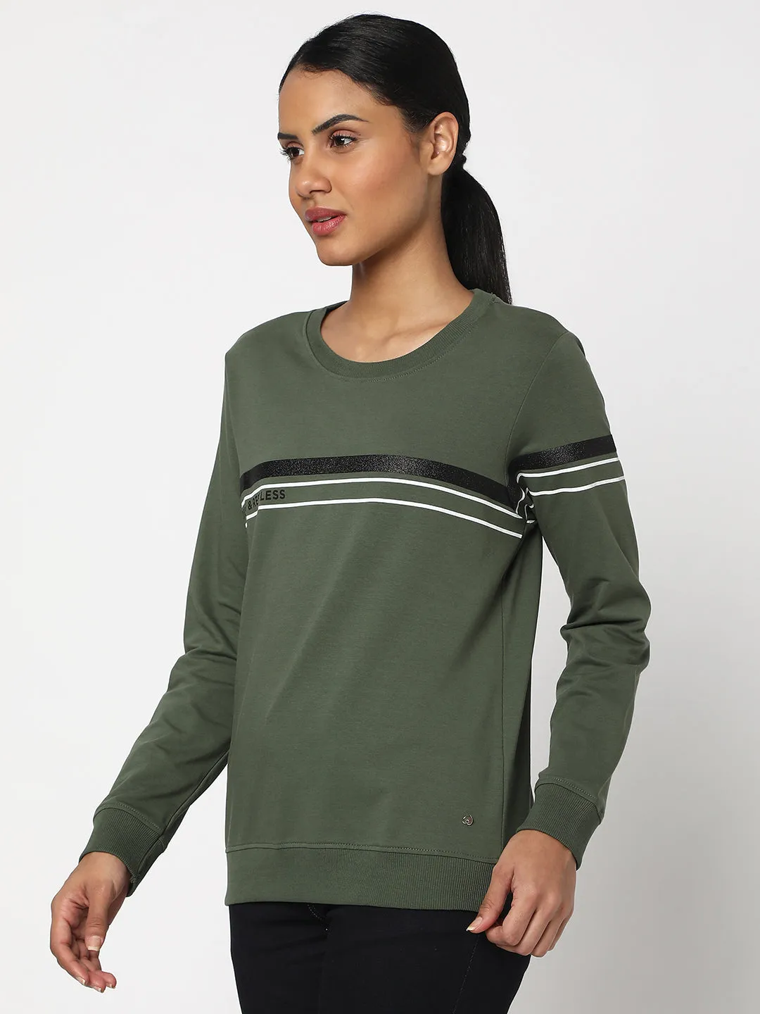 Spykar Olive Green Cotton Blend Full Sleeve Round Neck Sweatshirts For Women