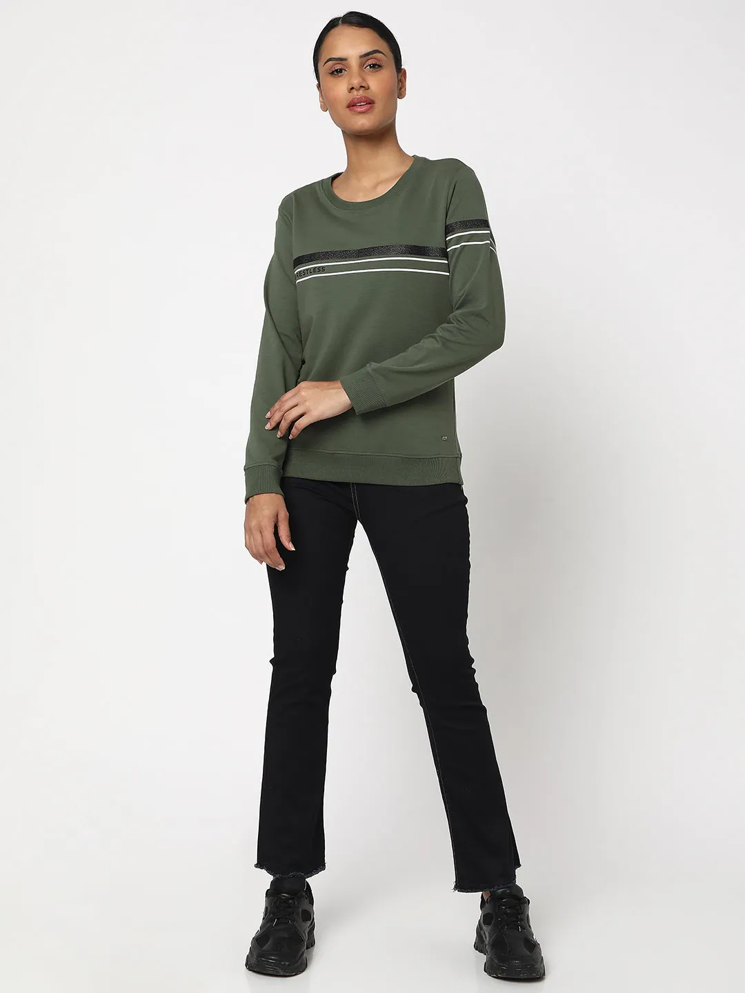 Spykar Olive Green Cotton Blend Full Sleeve Round Neck Sweatshirts For Women