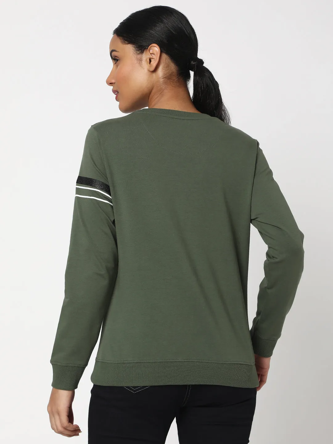 Spykar Olive Green Cotton Blend Full Sleeve Round Neck Sweatshirts For Women