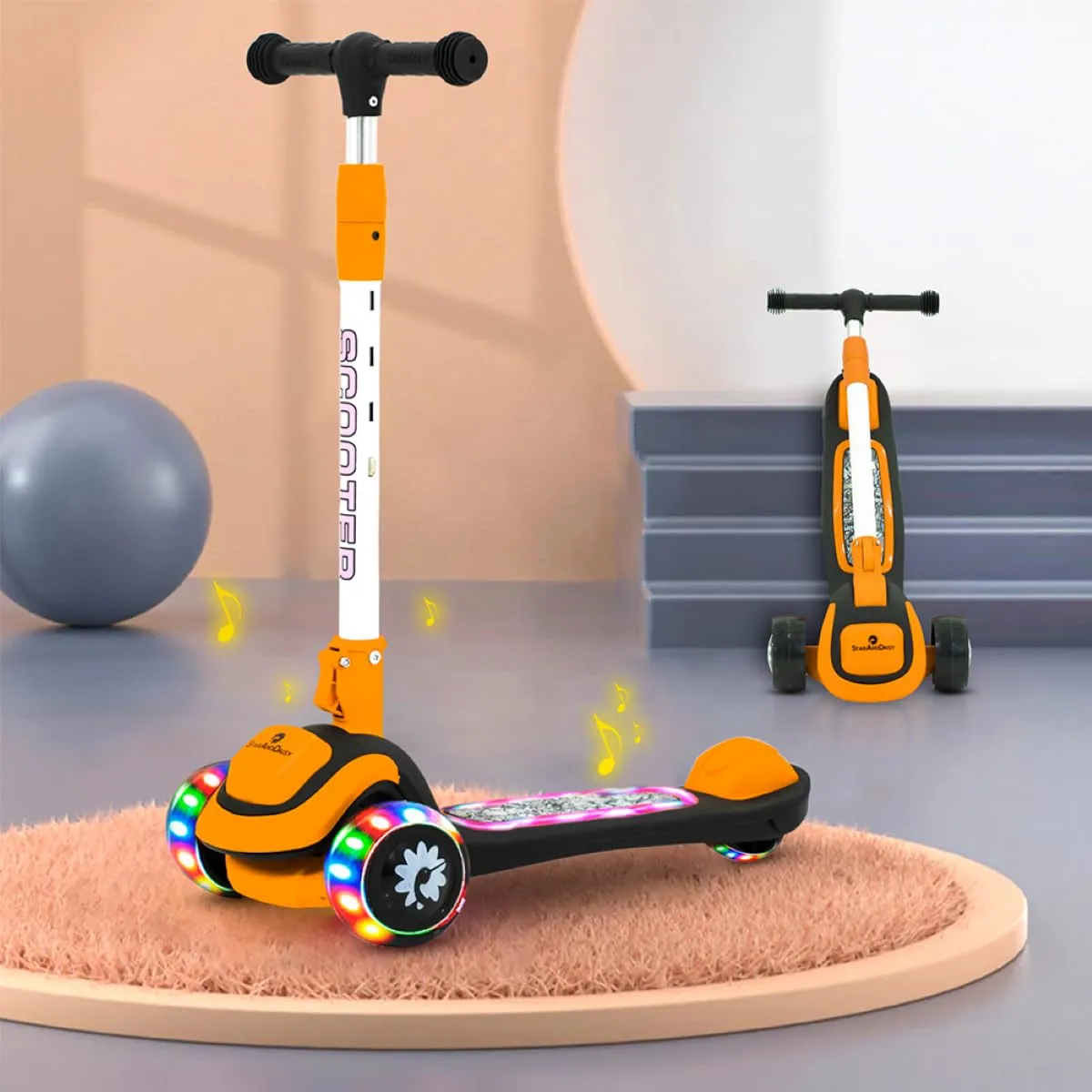 StarAndDaisy Scooter for Kids 3-12 Years Boys & Girls / 3 Wheel Skate Scooter with PU Led Wheels, 4 Gear Height Adjustment, Foldable Design to Easy Store, Up to 100 Kg Weight Support (Orange-Black)