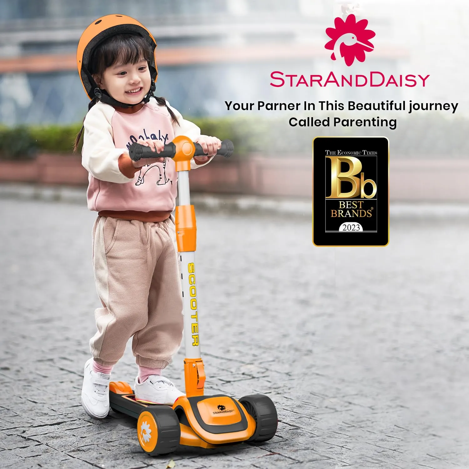 StarAndDaisy Scooter for Kids 3-12 Years Boys & Girls / 3 Wheel Skate Scooter with PU Led Wheels, 4 Gear Height Adjustment, Foldable Design to Easy Store, Up to 100 Kg Weight Support (Orange-Black)