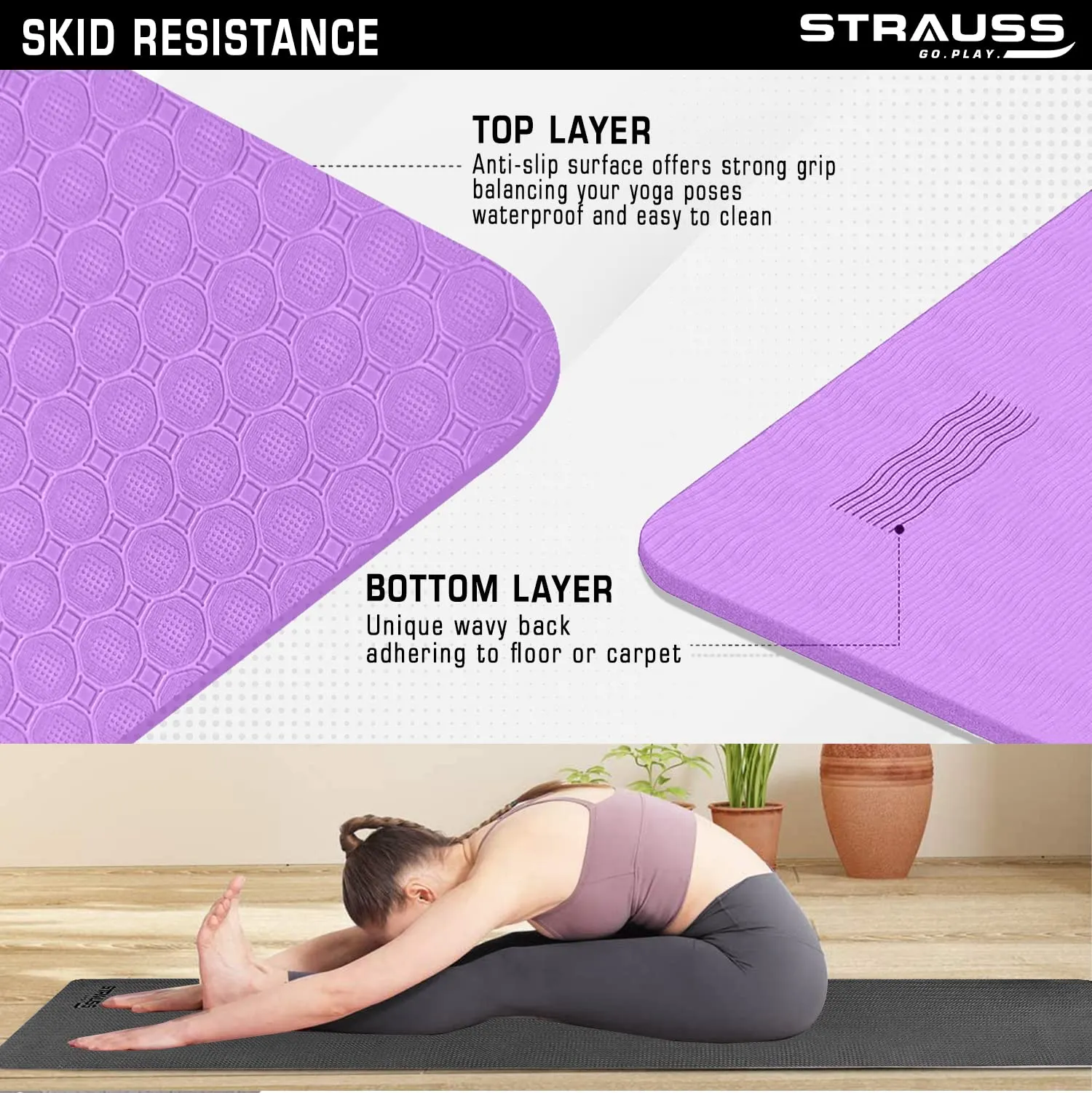 STRAUSS TPE Dual Layer Yoga Mat| Exercise Mat for Yoga,Pilates & Gym| Lightweight & Eco-Friendly Material | Yoga Mat for Women and Men |Ideal for Home Gym Workout |Includes Carry Bag | 6MM,(Purple)