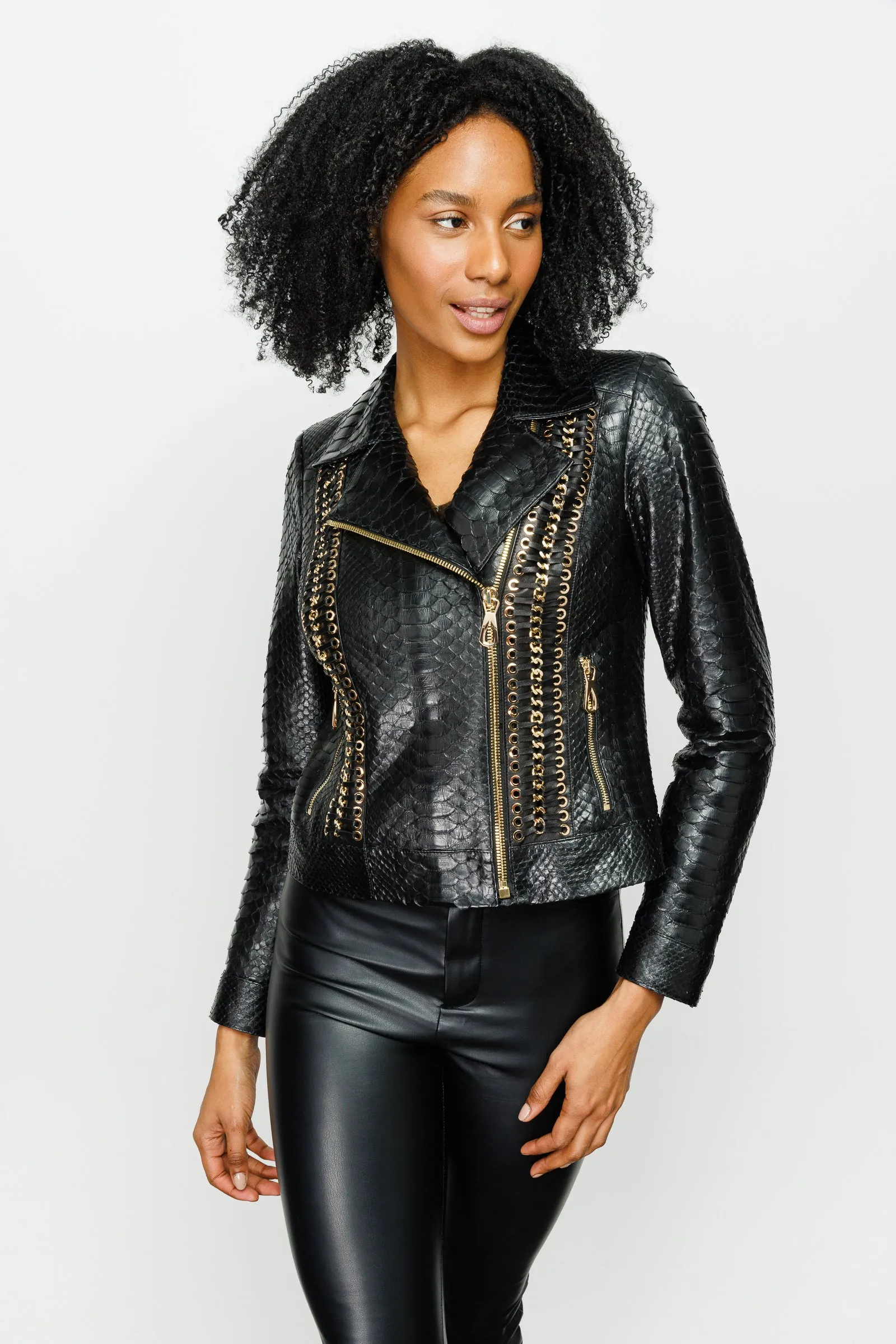 The Nayro Pythn Black Leather Women Jacket