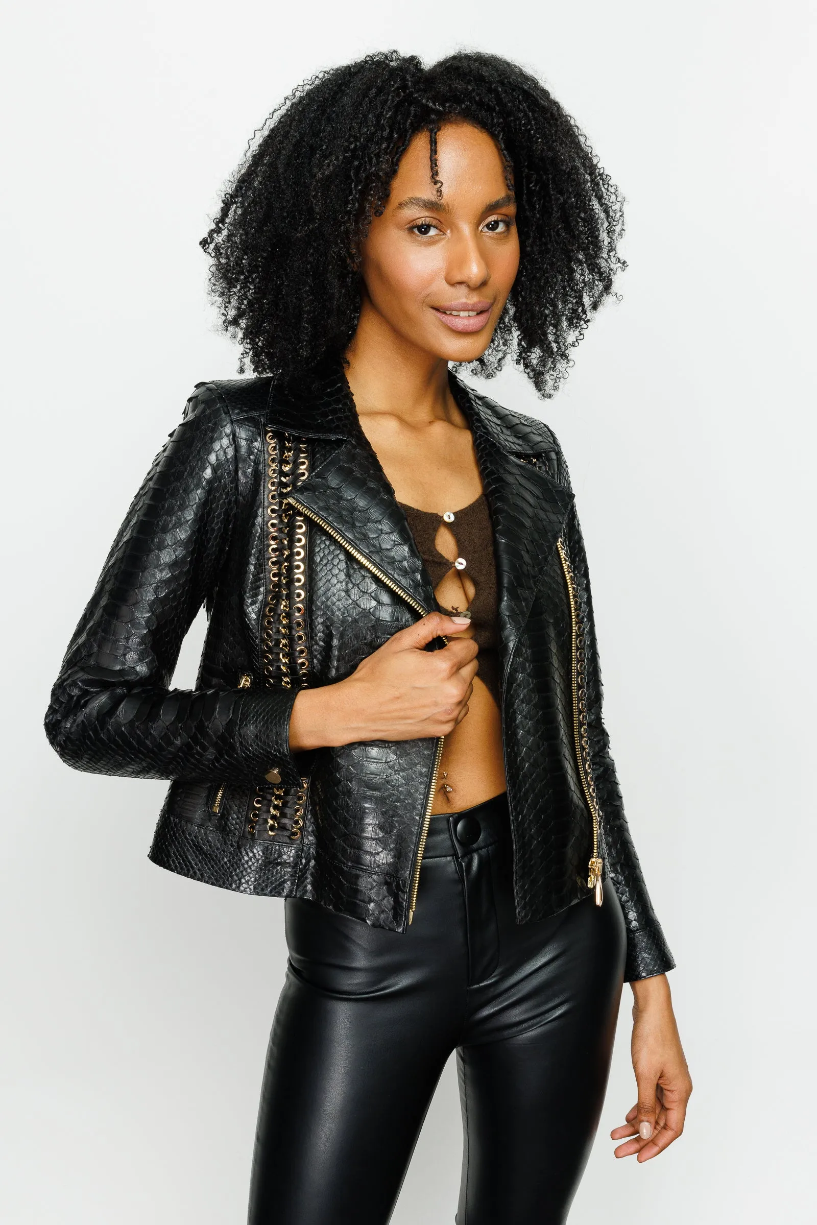 The Nayro Pythn Black Leather Women Jacket