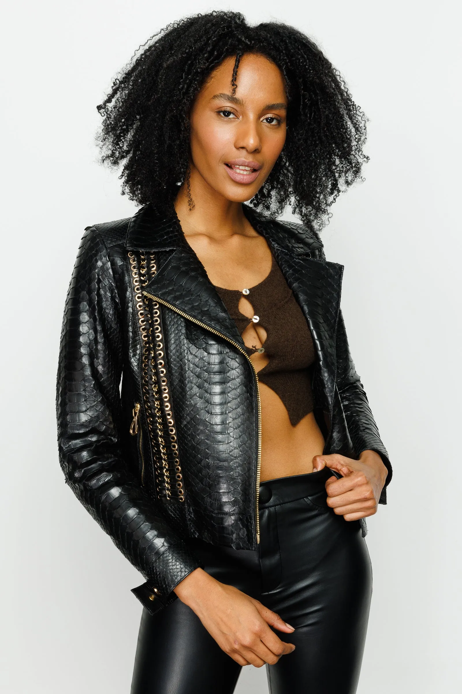 The Nayro Pythn Black Leather Women Jacket