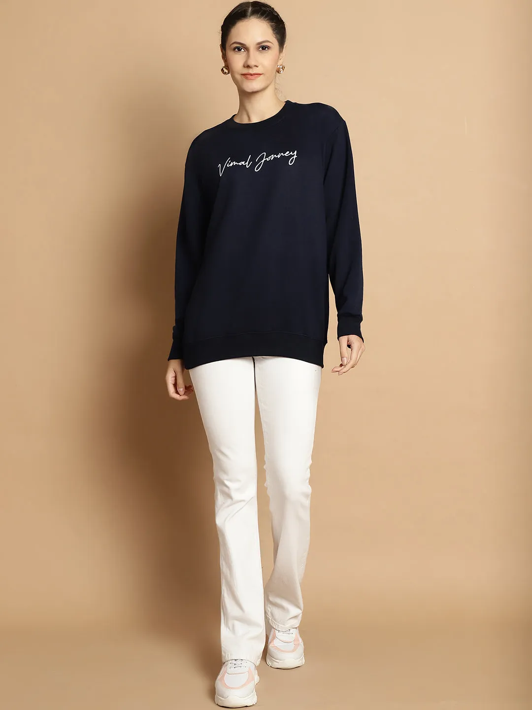 Vimal Jonney Navy Blue Printed Round Neck Cotton Fleece Sweatshirt for Women