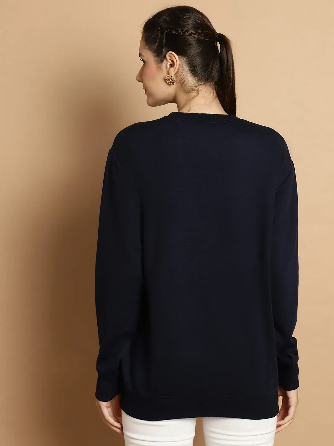 Vimal Jonney Navy Blue Printed Round Neck Cotton Fleece Sweatshirt for Women