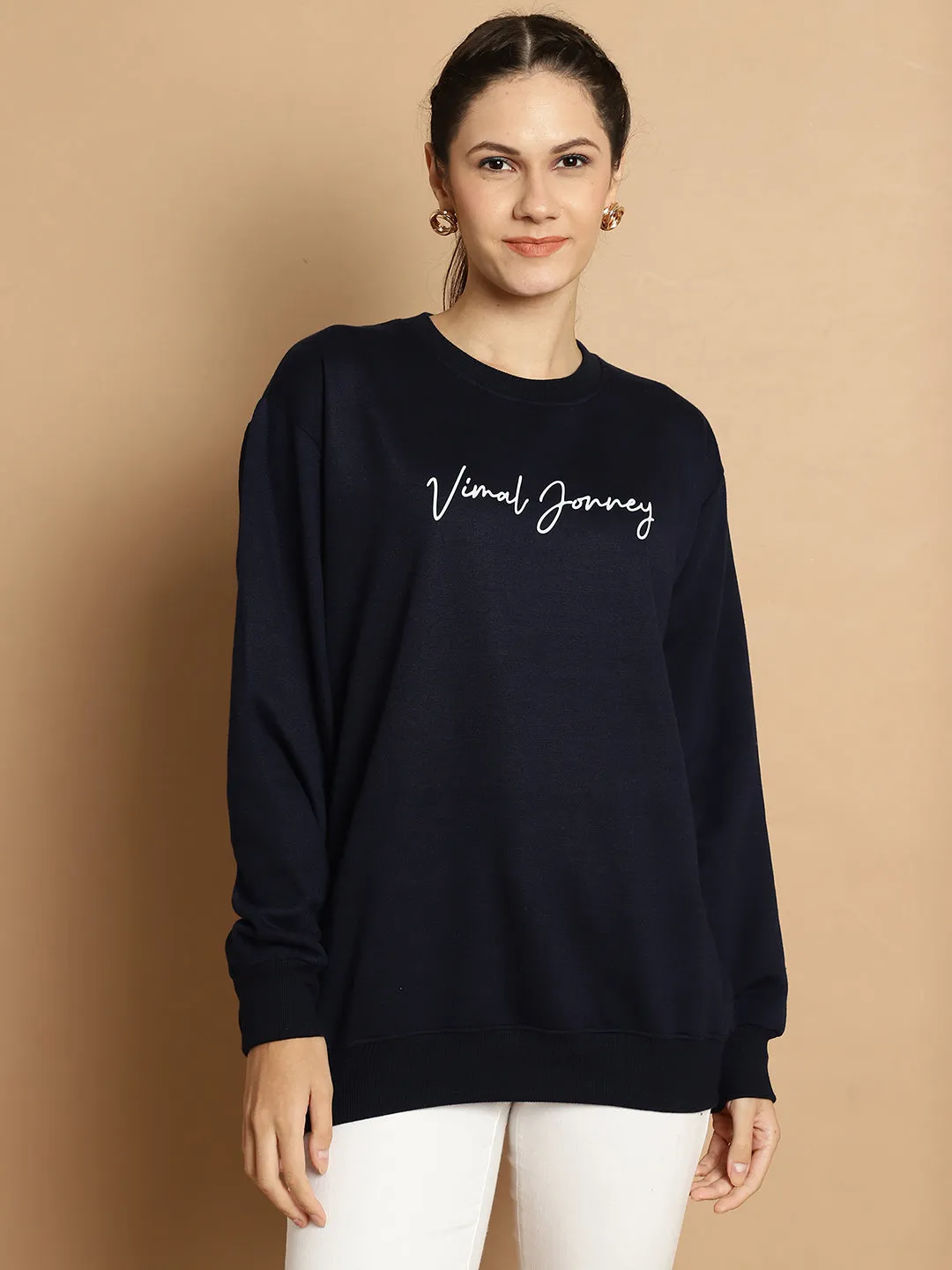 Vimal Jonney Navy Blue Printed Round Neck Cotton Fleece Sweatshirt for Women