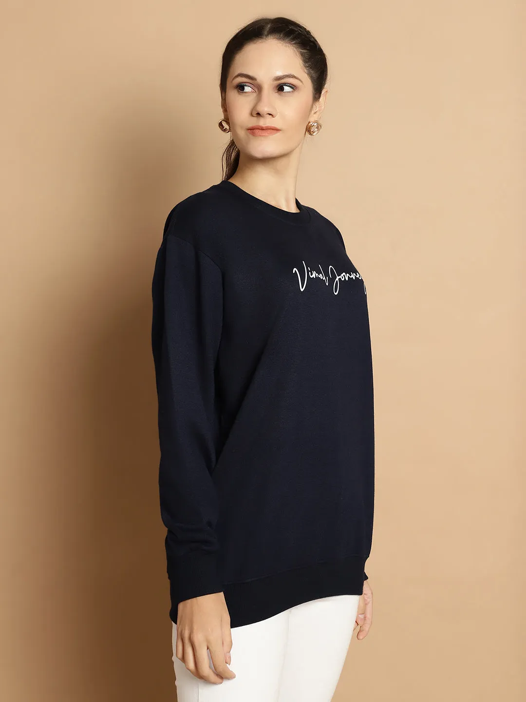 Vimal Jonney Navy Blue Printed Round Neck Cotton Fleece Sweatshirt for Women