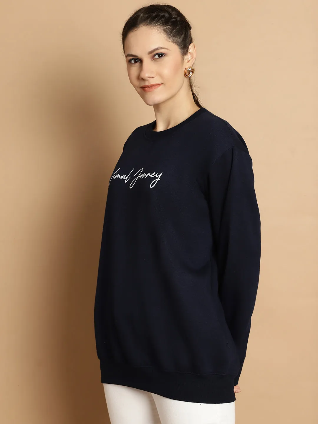 Vimal Jonney Navy Blue Printed Round Neck Cotton Fleece Sweatshirt for Women