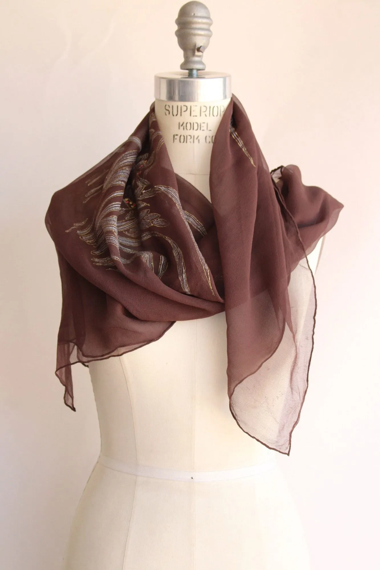 Vintage 1980s 1990s Brown Silk Chiffon Scarf