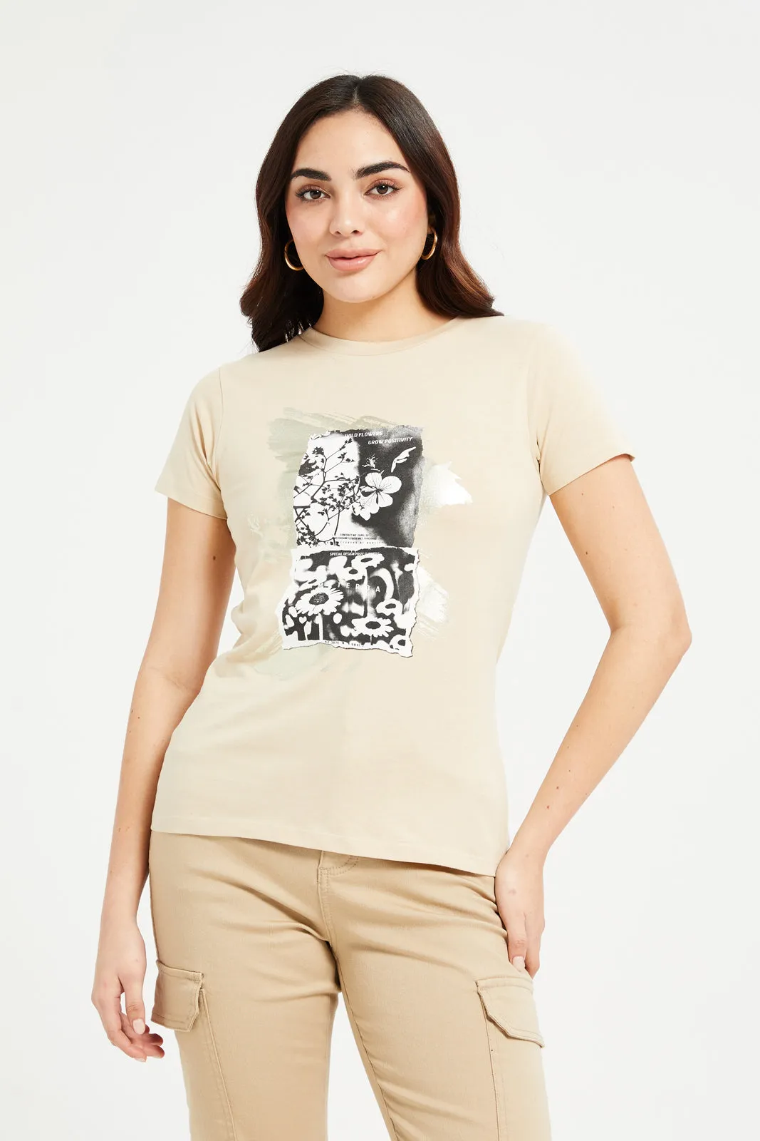 Women Beige Floral Foil T-Shirt