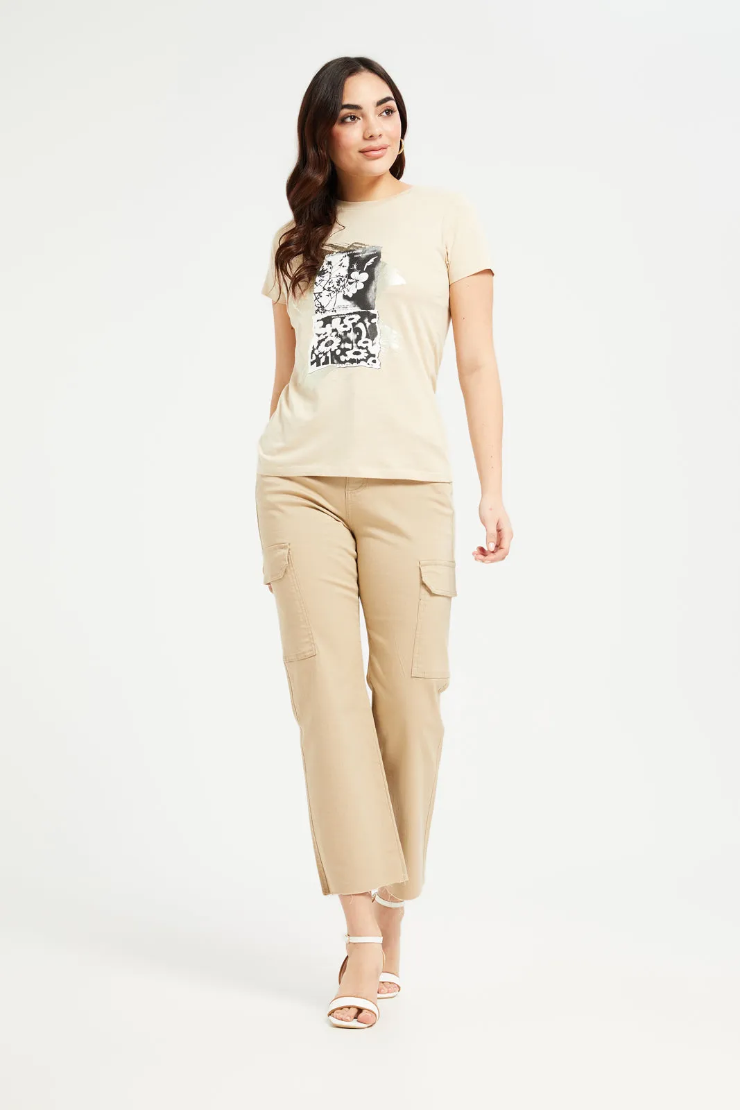 Women Beige Floral Foil T-Shirt