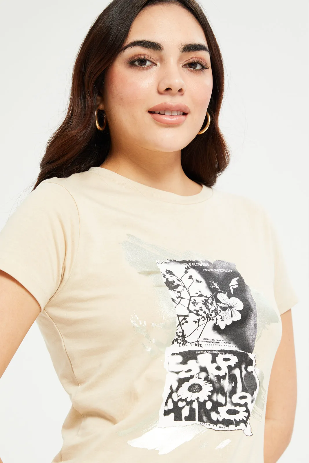 Women Beige Floral Foil T-Shirt