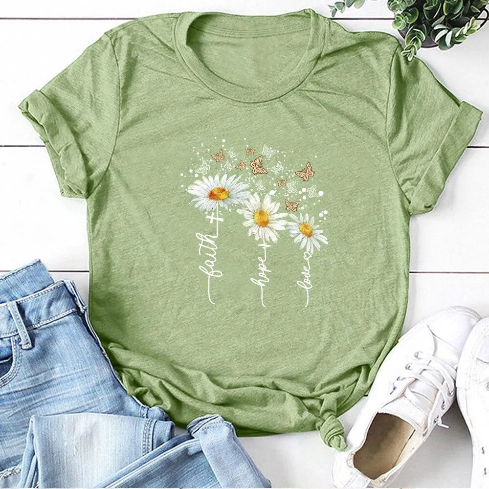 Women Chrysanthemum Butterfly Design Print Short Sleeve T-Shirts