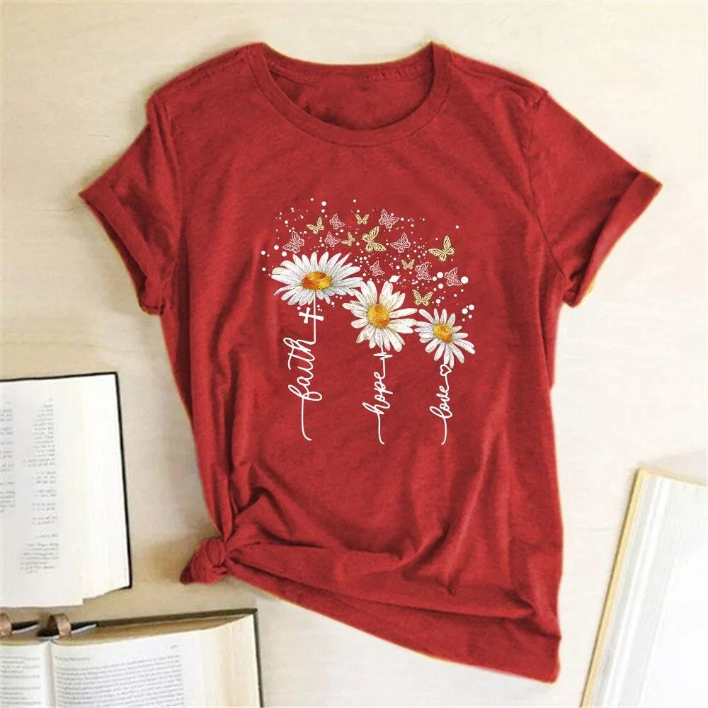 Women Chrysanthemum Butterfly Design Print Short Sleeve T-Shirts