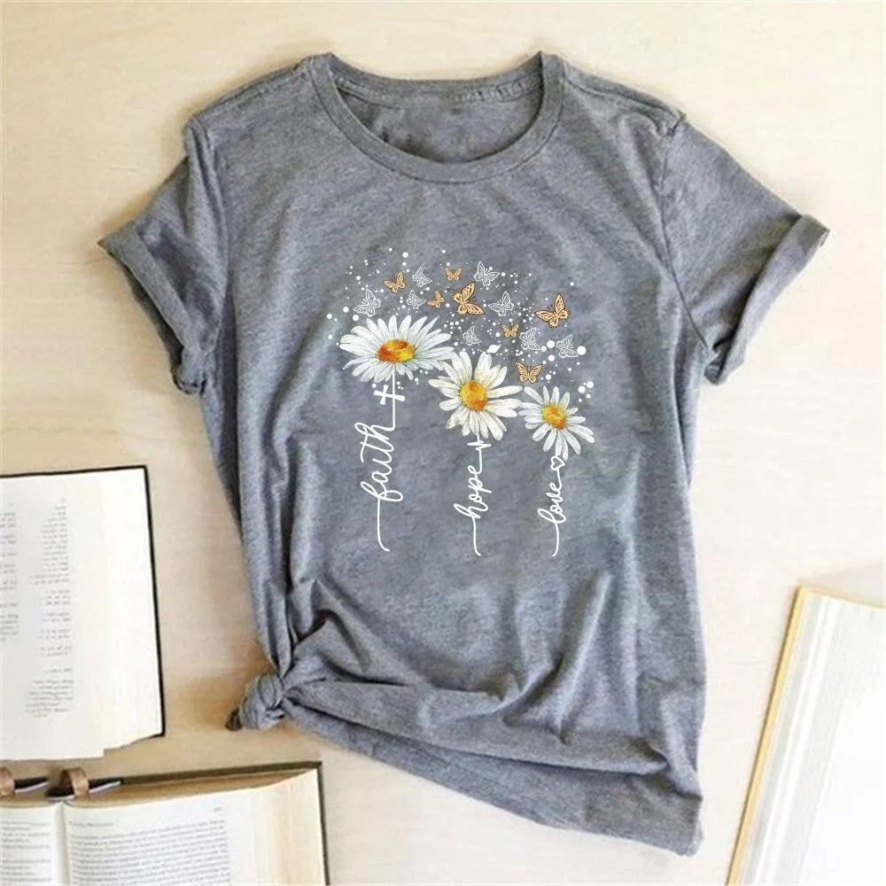 Women Chrysanthemum Butterfly Design Print Short Sleeve T-Shirts