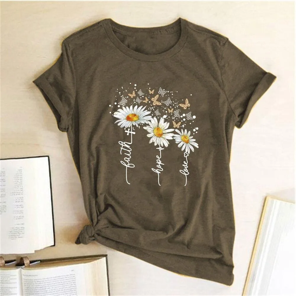 Women Chrysanthemum Butterfly Design Print Short Sleeve T-Shirts