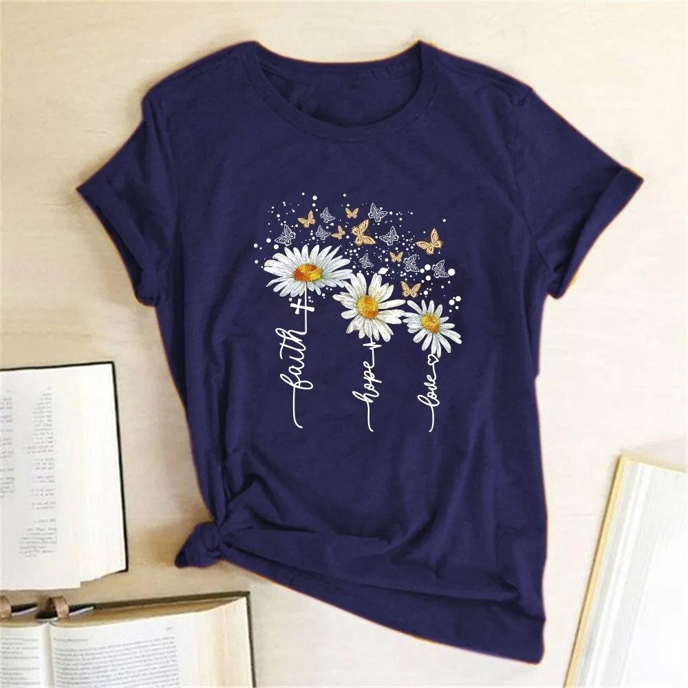 Women Chrysanthemum Butterfly Design Print Short Sleeve T-Shirts