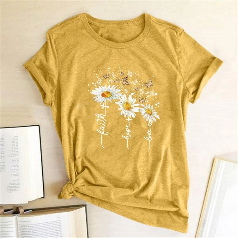 Women Chrysanthemum Butterfly Design Print Short Sleeve T-Shirts