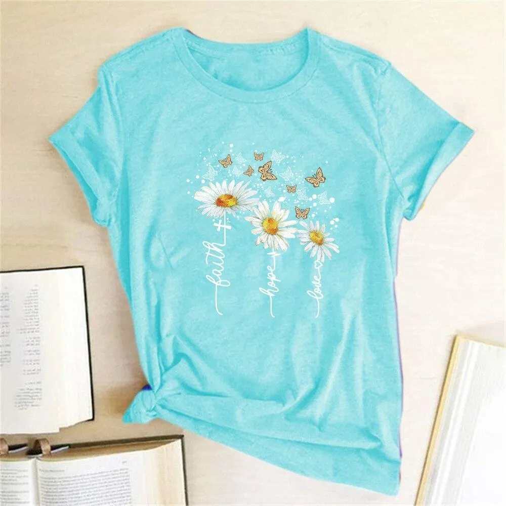 Women Chrysanthemum Butterfly Design Print Short Sleeve T-Shirts