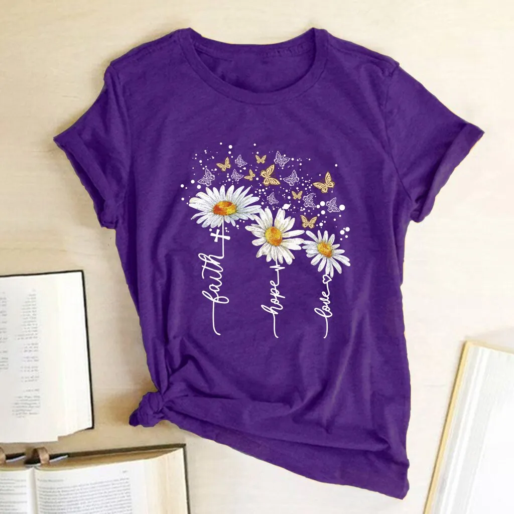 Women Chrysanthemum Butterfly Design Print Short Sleeve T-Shirts