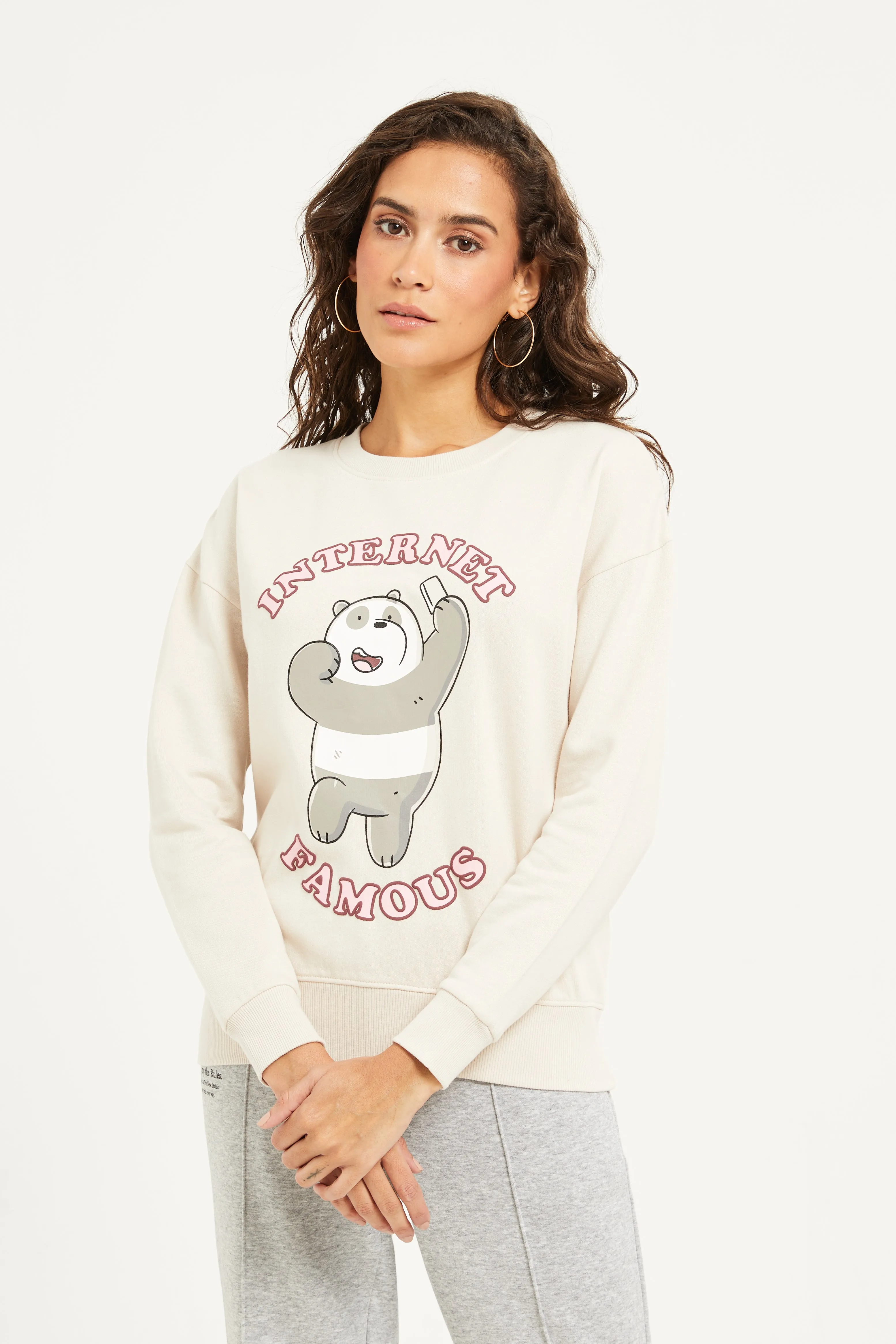 Women Cream Bear Printed Sweatshirt